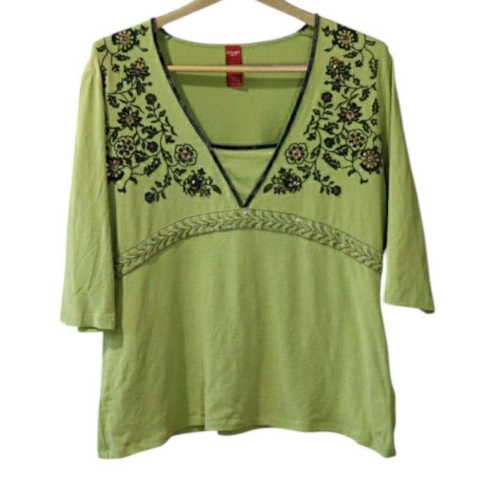 Sigrid Olsen Green Floral Embroidered Blouse Y2K 90s Resort Wear Top Size 12